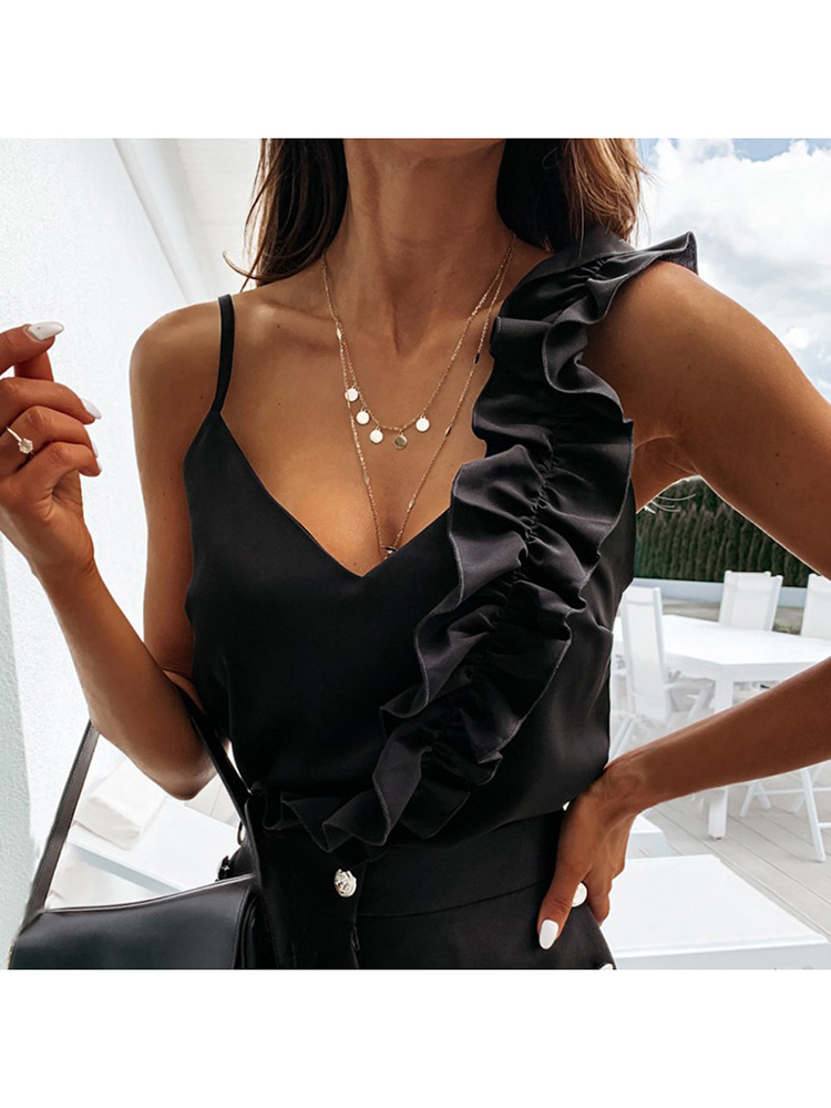 Chemisier à volants pour femmes, chemises sexy, col en V, dos nu, bretelles spaghetti, bureau dames, fibre, décontracté, été
