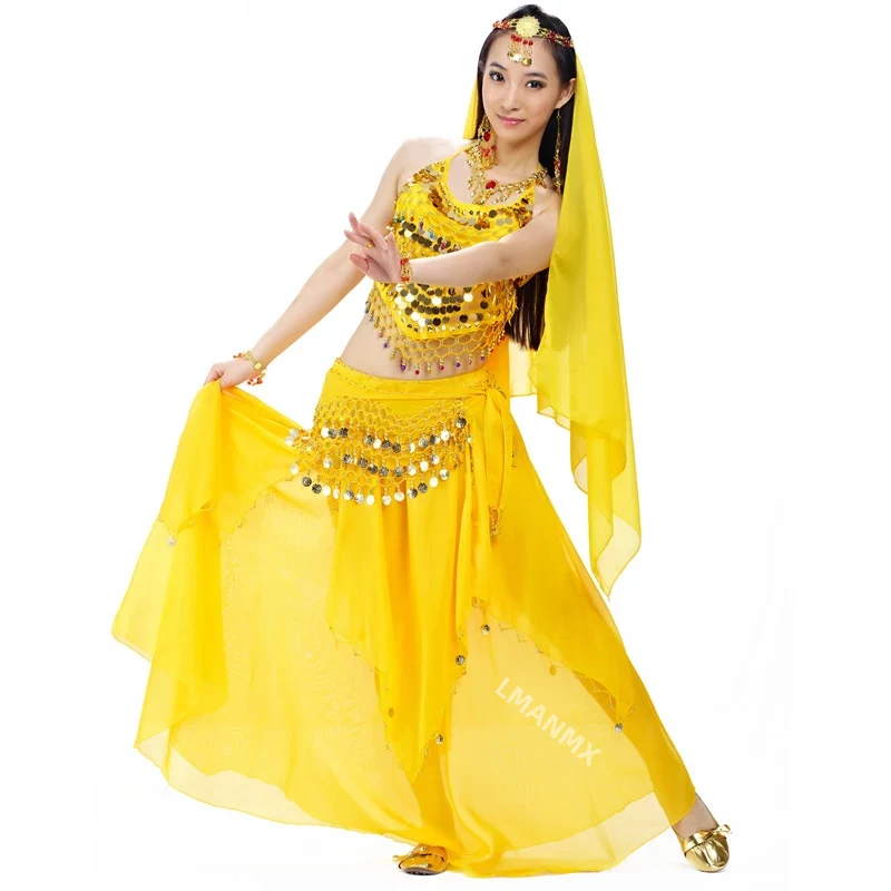 Ensemble de costumes indiens 4 pièces voile de danse du ventre pièces supérieures écharpe de hanche jupe Costume de danse du ventre femmes
