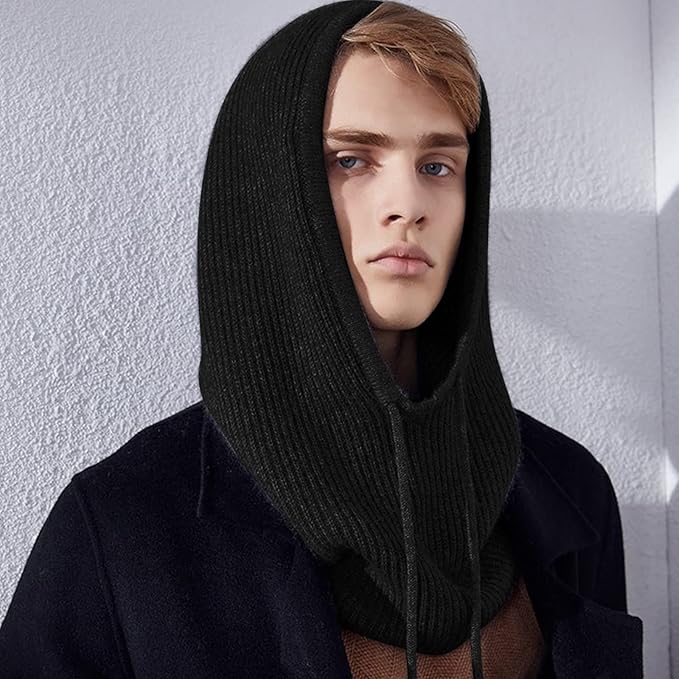 Bonnet-écharpe tricoté à capuche, cagoule tricotée, style coréen d'extérieur, écharpe à capuche chaude avec cordon de serrage réglable
