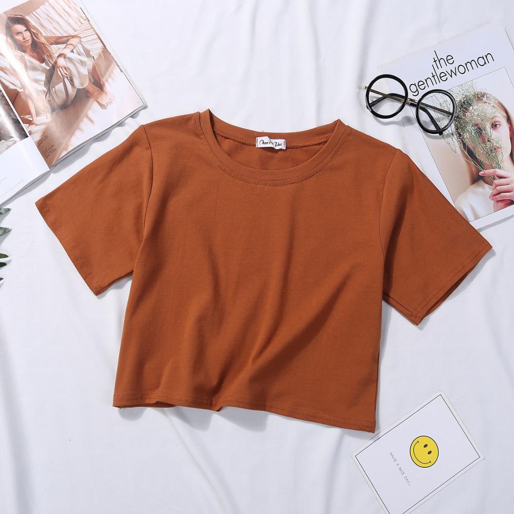 Été à manches courtes t-shirts femmes coton solide T-shirt col rond taille haute haut court T-shirt femme décontracté ample T-shirt