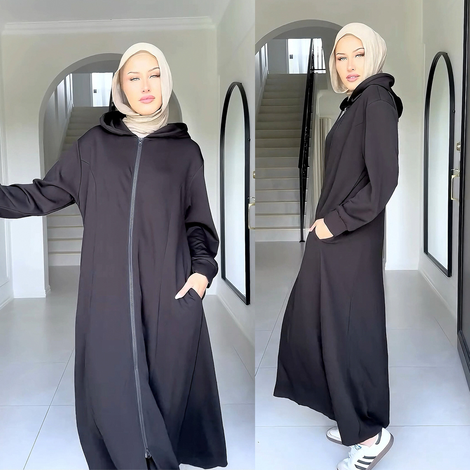 Eid femmes à capuche Abaya Robe fermeture éclair solide Cardigan Jalabiya Ramadan robes Largos décontracté longue Robe maroc dubaï caftan