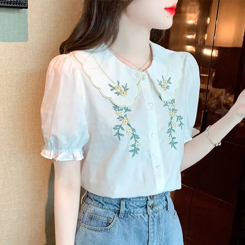 Chemisier Brodé à Manches Courtes pour Femme, Chemise Confortable, Solide, Document Polyvalent, Tempérament, Collection Printemps Été 2025