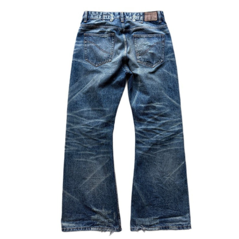 Jean pour homme vintage délavé et déchiré, coupe évasée, style Harajuku unisexe, coupe ample, effet moustaches de chat, effet froissé, coupe bootcut, streetwear Y2K, nouveauté