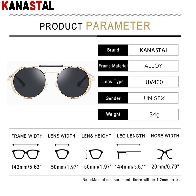 Lunettes de soleil rondes rétro Steampunk pour hommes et femmes, protection latérale UV, monture métallique, lentille miroir gothique, à la mode
