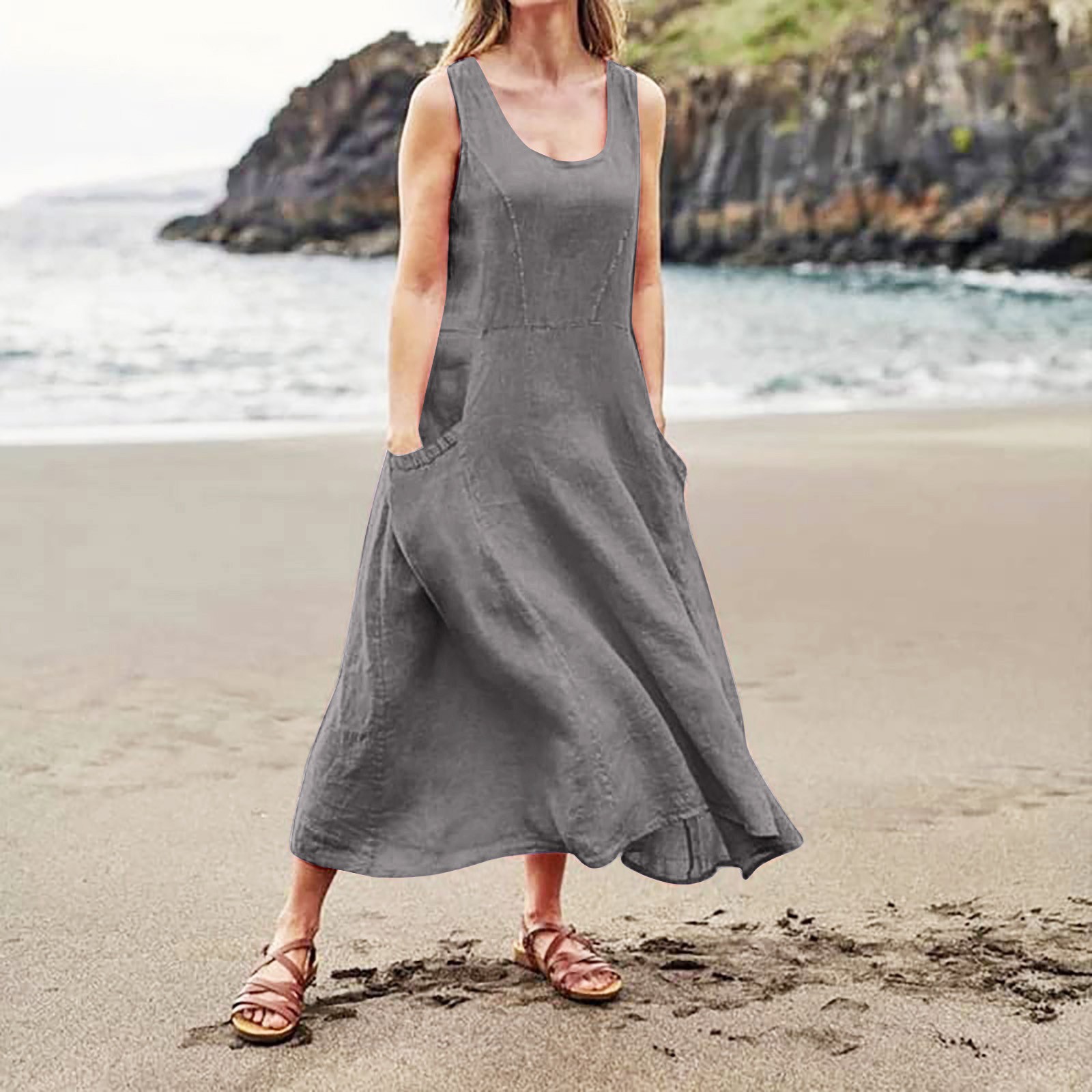 Robe longue vintage en coton et lin pour femme, tenue d'été solide, style bohème, avec poches, grande taille 5XL
