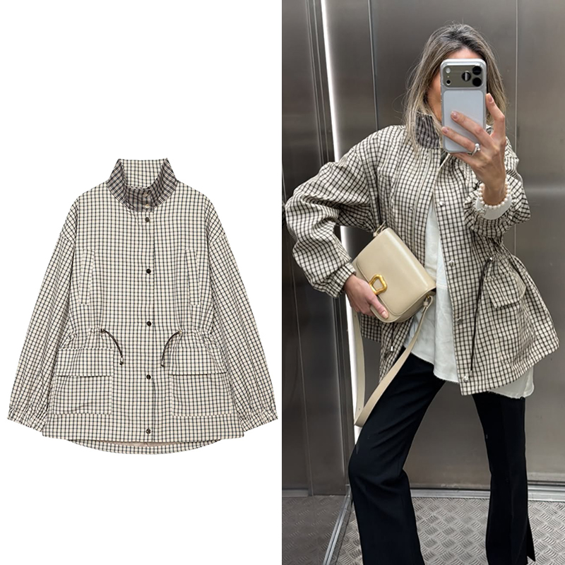 Manteau pour femme 2026 Nouvelle collection automne, gris à carreaux, manches longues, coupe ample, avec cordon de serrage décoratif, style décontracté et tendance, vêtement d'extérieur pour femme