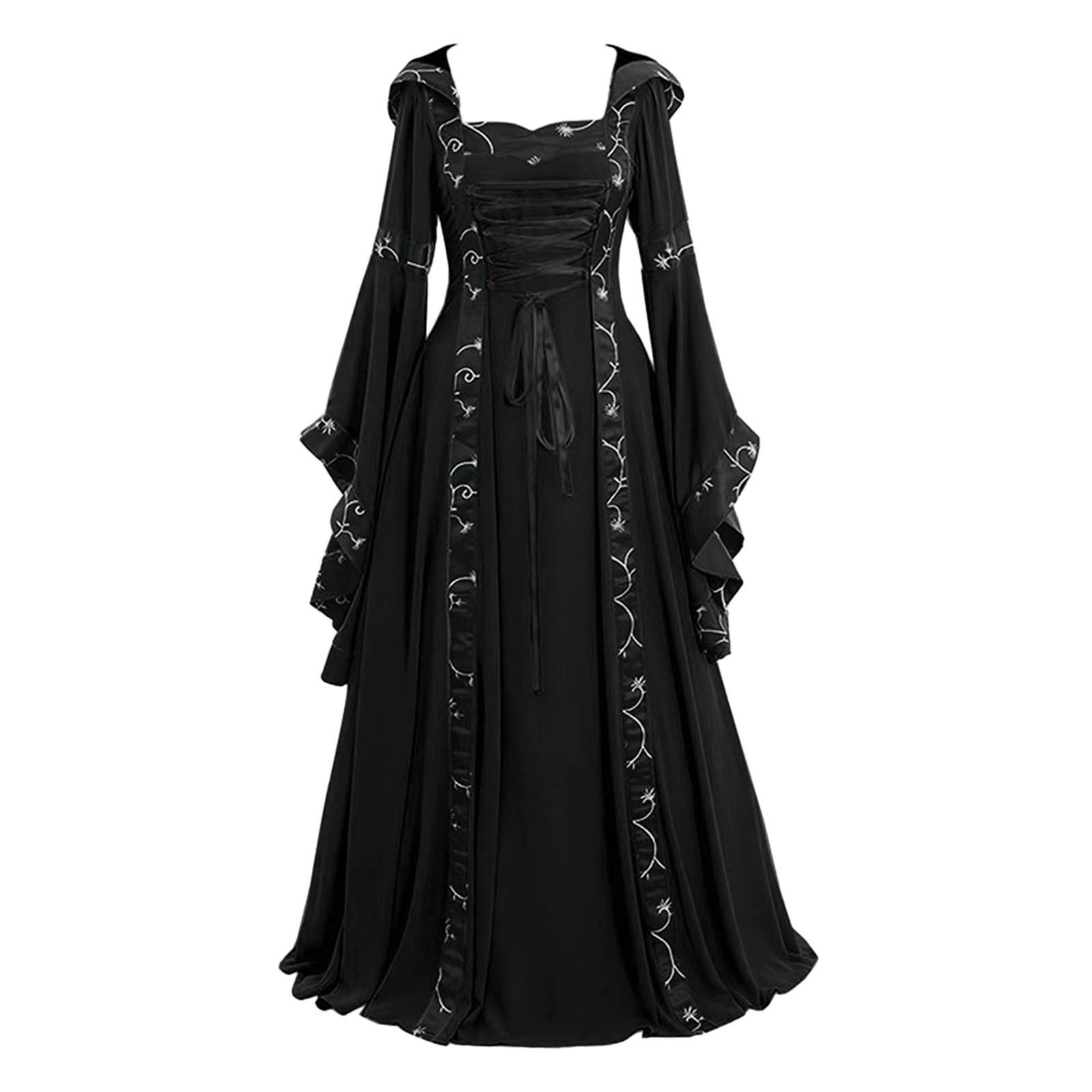 Robe de cosplay gothique médiévale vintage pour femmes, robe de longueur au sol, costume d'Halloween, cour victorienne, manches évasées bandage