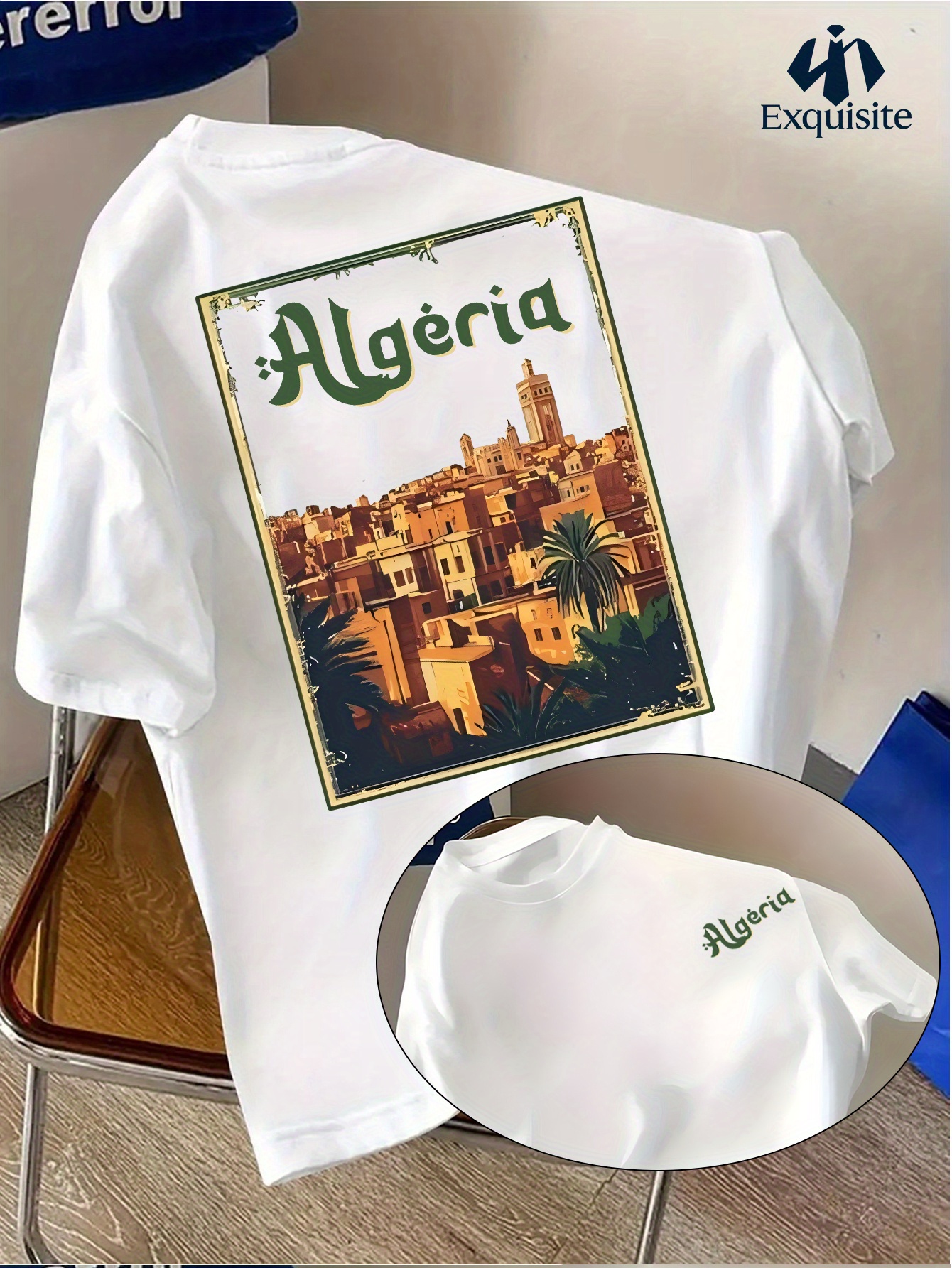 T-shirt d'été pour homme de style maghrébin avec le logo « Algérie » sur un haut à col rond respirant, anti-humidité et coupe ample