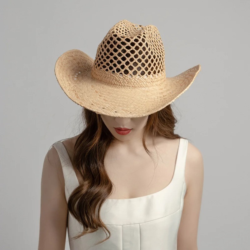 Chapeau en raphia tissé à la main pour femmes, chapeau d'été Simple de Cowboy occidental, chapeau de paille pour dames Ins California Girl, vacances en bord de mer, chapeau de soleil à bord bouclé