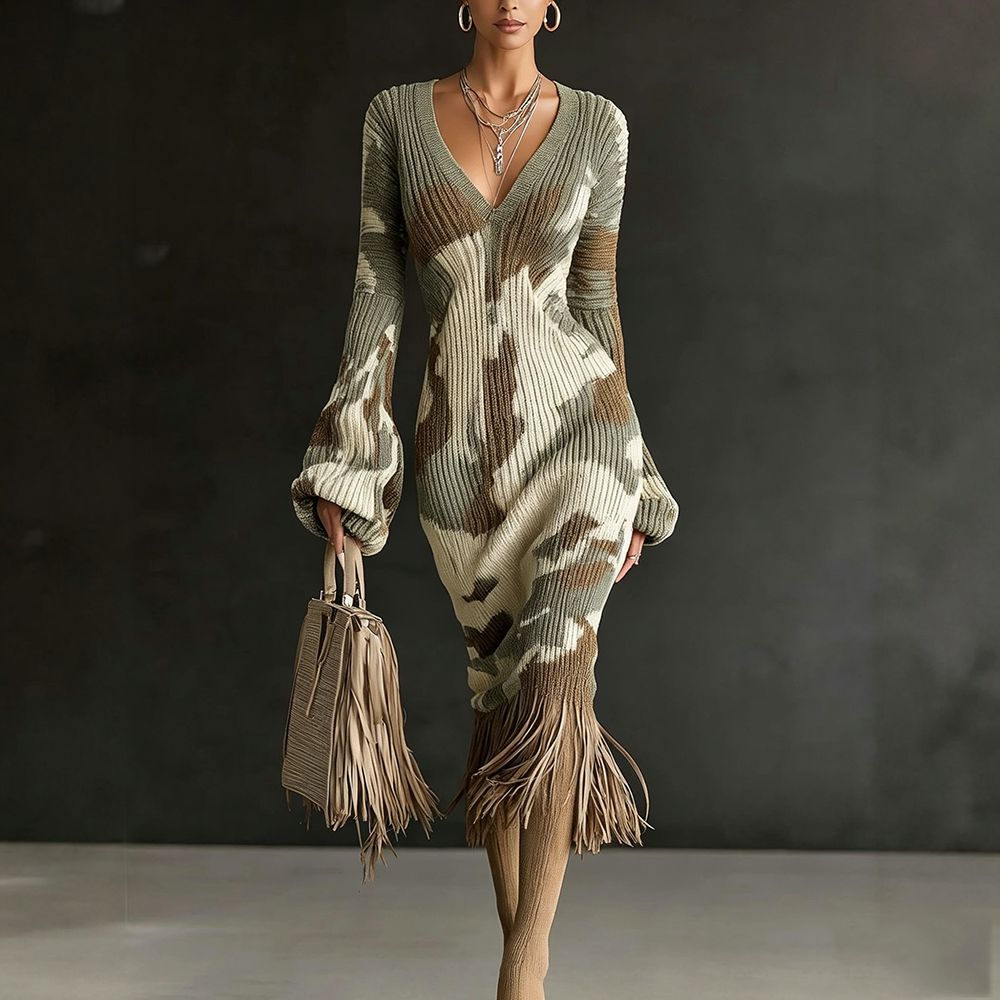 Robe longue chic en maille pour femme, imprimé camouflage vintage, col en V élégant, taille haute, manches longues évasées, coupe ajustée, ourlet à franges