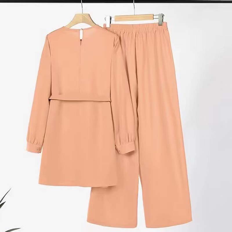 Vêtements islamiques pour musulmanes, col rond, manches longues, ceinture, chemisier et pantalon, vêtements modestes, olympiques Eid Mubarek, ensembles, 2 pièces