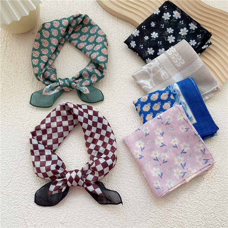 Foulard Carré en Coton et Lin pour Femme, Bandana Imprimé Floral à Carreaux, Bandeau de Cheveux, Turban Cirondsauna
