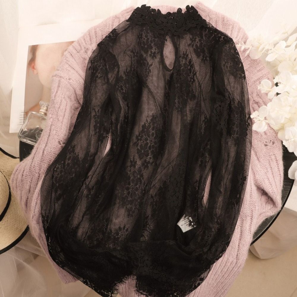 Nouvelles Blouses Noires en Dentelle à Manches Longues Évasées en Maille, Blouses en Maille à Col Montant avec Broderie Florale, Blouse Transparente pour la Saison Estivale