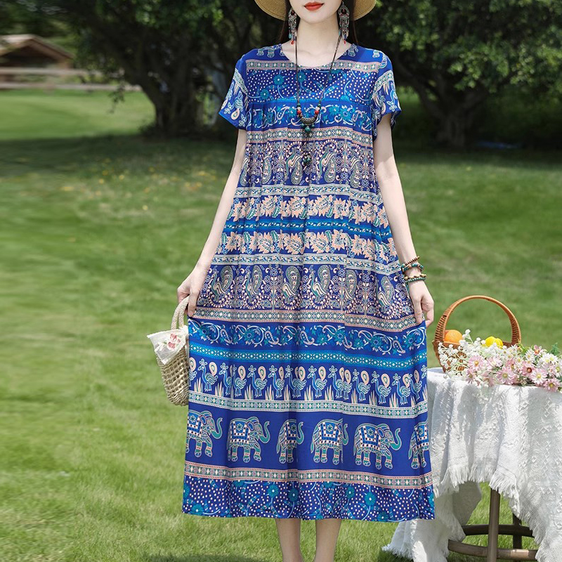 Nouvelle mode décontractée 2025 été robes élégantes pour les femmes col rond imprimé Vintage à manches courtes robe en vrac femmes vêtements