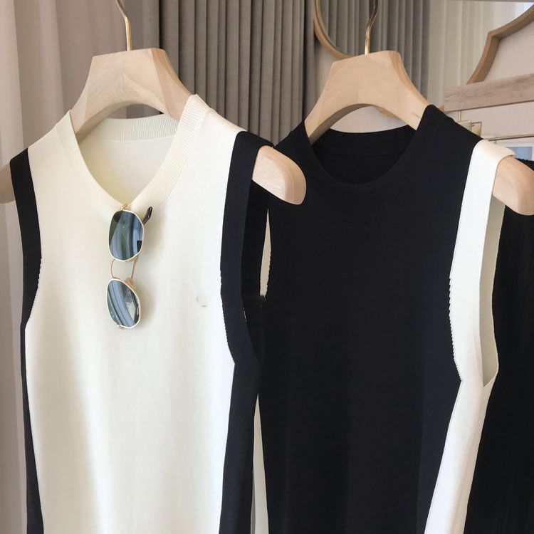 Soie glacée noir blanc contraste sans manches tricoté débardeur sauvage col en V gilet hauts et t-shirts vêtements pour femmes Camis décontractés
