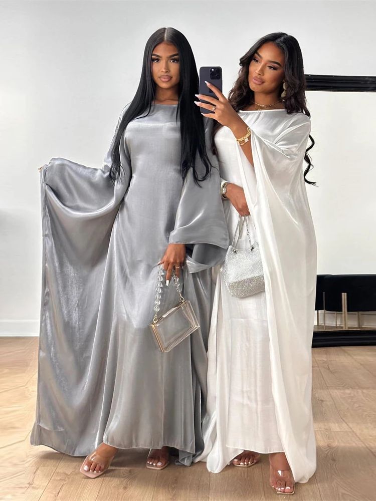 Ramadan Eid été Satin chauve-souris Abaya dubaï femmes Islam musulman Maxi caftan robes Kebaya Caftan Marocain Robe Femme Musulmane