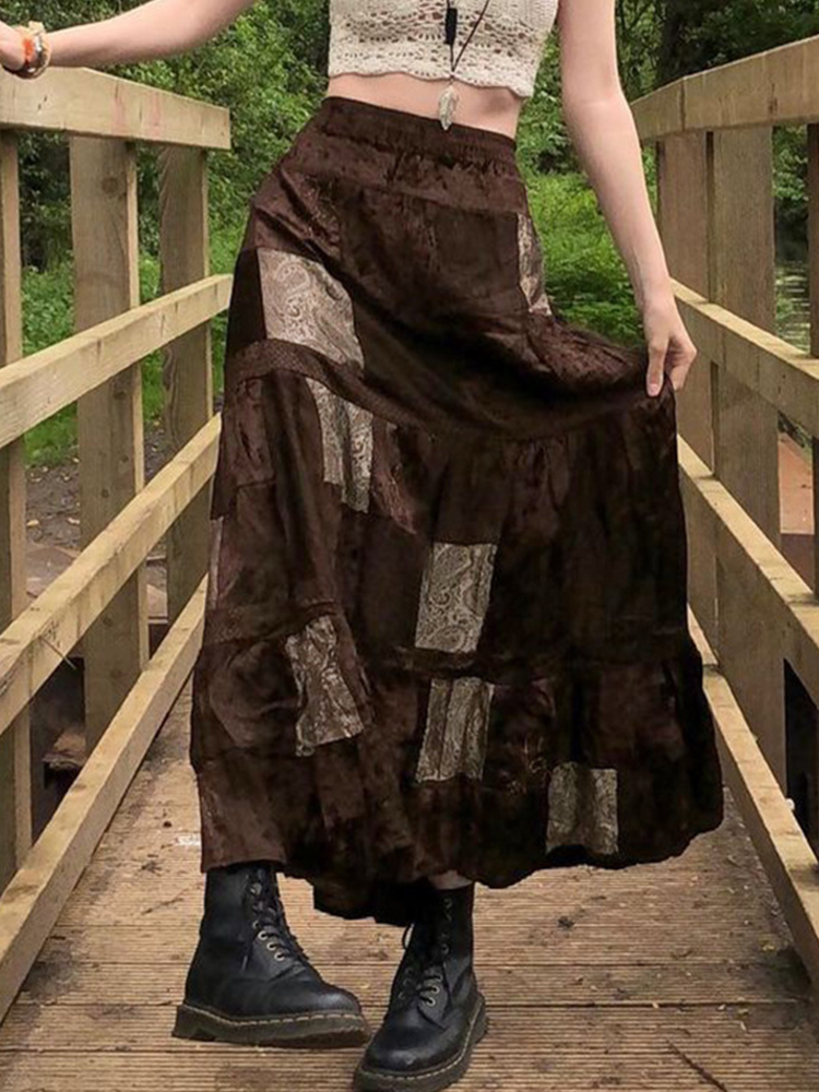 Jupes longues plissées marron pour femmes, jupes de fête mignonnes, imprimé Boho Grunge, jupes rétro Fairycore, vacances Kawaii, élégantes