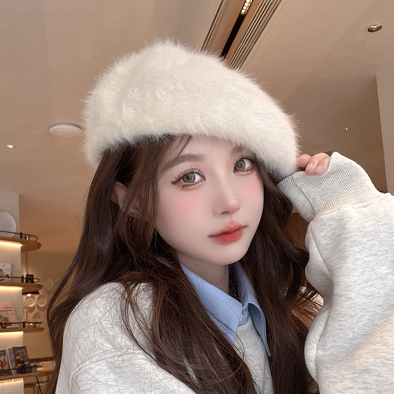 Béret d'hiver chaud en peluche pour femme, chapeau de gavroche doux en fausse fourrure de lapin, résistant au froid, pour femme et fille, élastique, couleur unie, chapeau de peintre et d'artiste