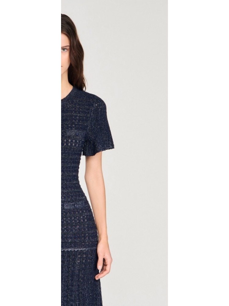 Robe de haute qualité pour femmes, col rond, manches courtes, robes en tricot, printemps automne, nouvelle robe midi diamantée pour femme
