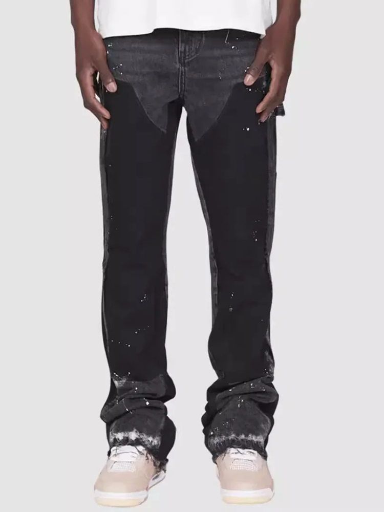 Viser de travail jeans de mode pour hommes, pantalons évasés en couches de denim de patchwork élastique de vêtements de travail de mode européenne et américaine S-XXL