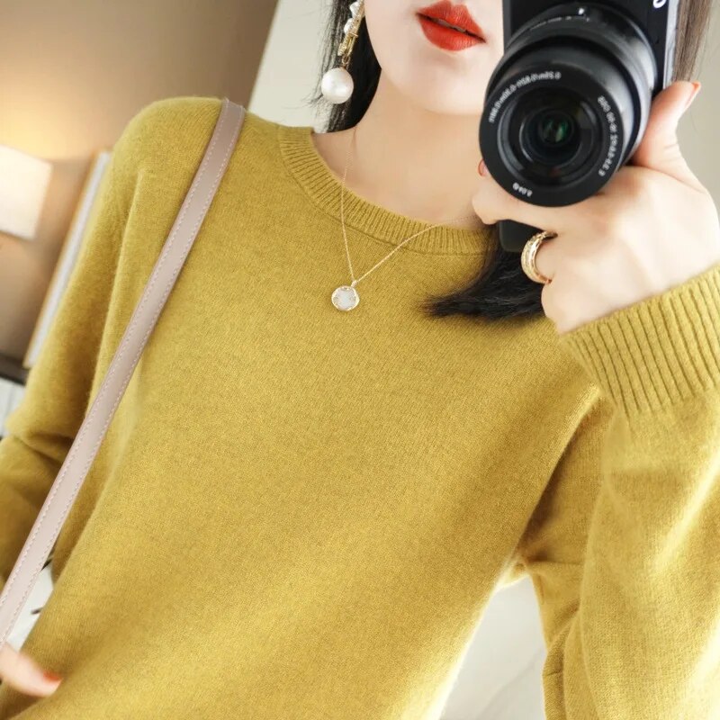 Pull-over col rond pour femme, chaud et décontracté, style coréen, collection automne-hiver, tricot basique, chemise de base 2026