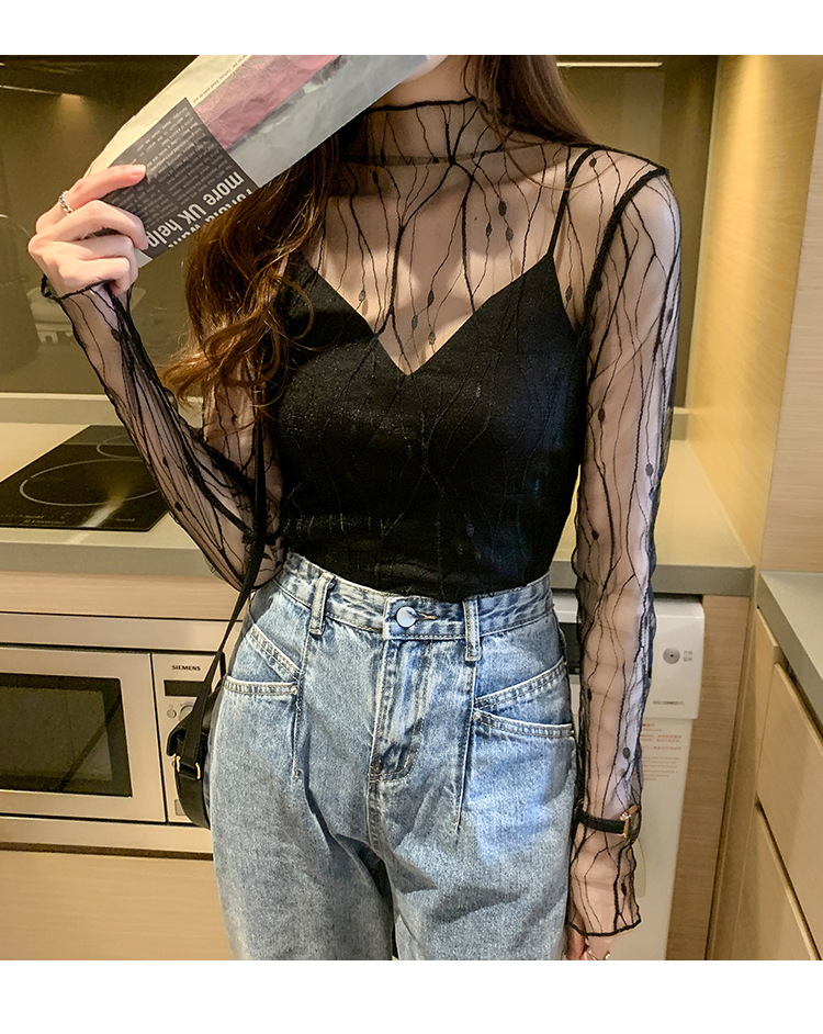 T-shirt en dentelle élégant pour femmes, hauts à manches longues en maille, Sexy, Transparent, col haut, chemises à bascule en dentelle noire, Punk