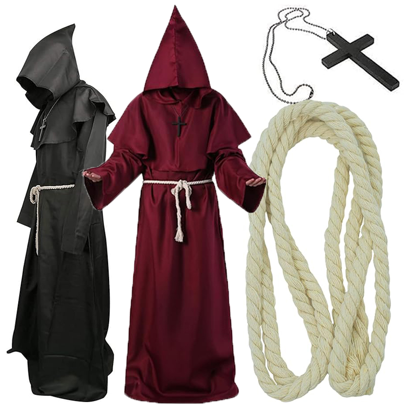 1 ensemble de costume de moine médiéval, de prêtre, de médecin de la peste, ou de cérémonial chrétien pour adulte, comprenant robe, cagoule, cape et châle, idéal pour Halloween