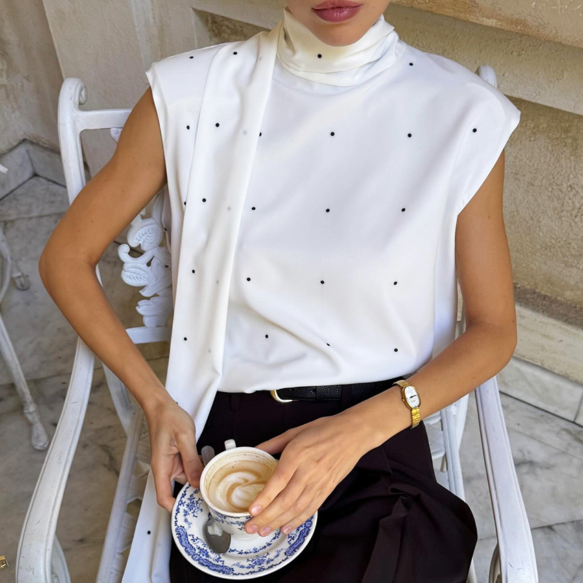 Linad Street Chic Débardeur Femme 2026 en Satin et Soie à Col Foulard, à Pois, Élégant, Décontracté d'Été, Dos Nu, à Lacets