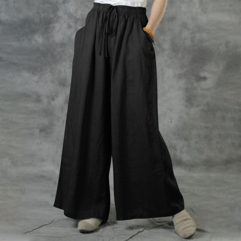 Pantalon décontracté femme 2026, nouveau modèle ample en coton et lin, couleur unie, taille élastique, jambe large, avec poches, vêtements pour femmes