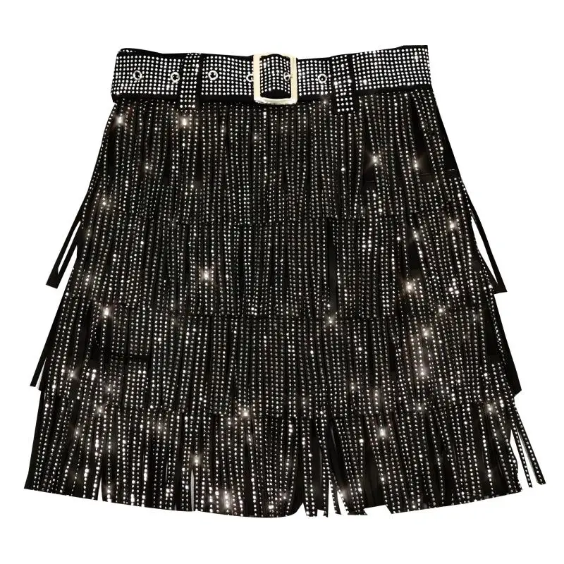 Femmes jupe mode 2025 nouveau automne taille haute ceinture multicouche courte lourde forage strass jupe à franges avec gâteau une ligne