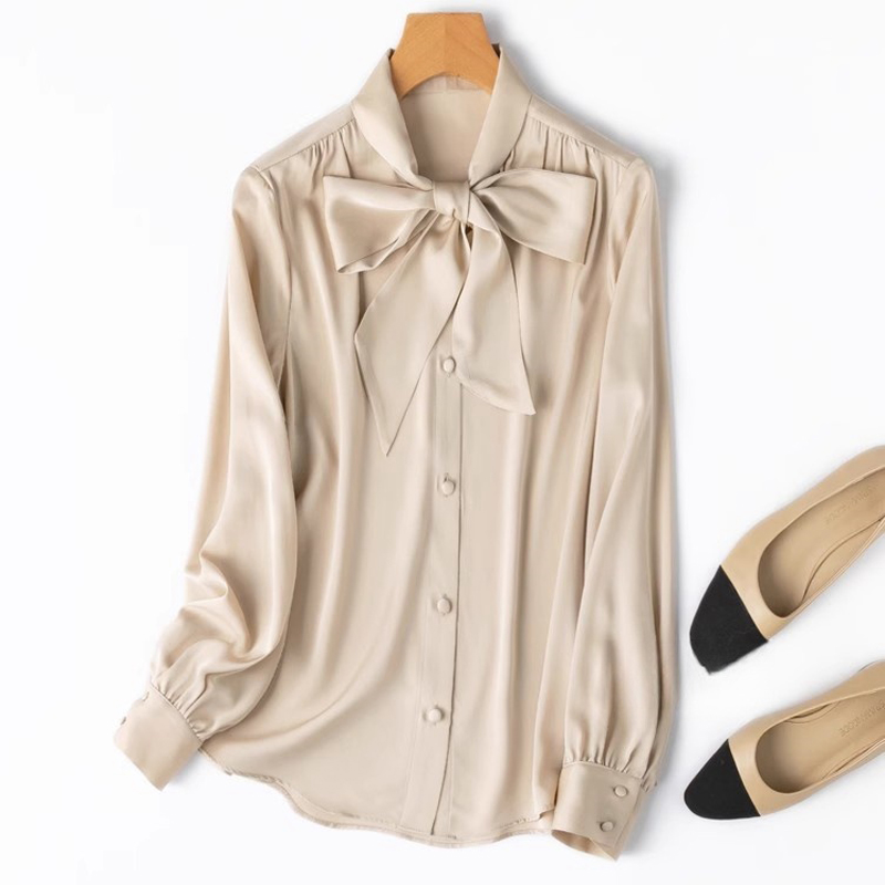 Chemisier en soie véritable pour femmes, haute qualité, hauts 93% soie de mûrier, col à nœud à lacets, Style OL, manches longues, chemises décontractées de luxe