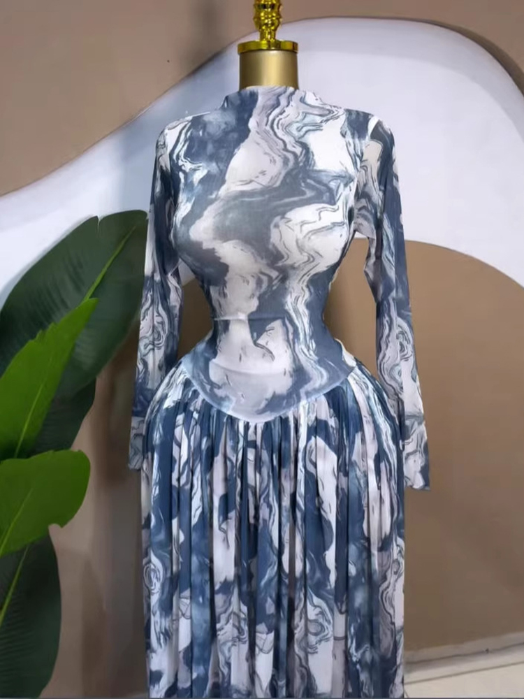 Robe longue élégante pour femme, mode automne, imprimée, en maille patchwork, manches longues, moulante, plissée, sexy, pour anniversaire, soirée ou fête.