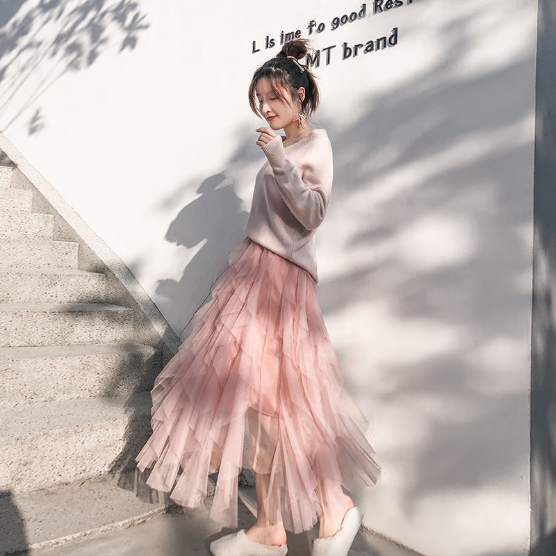 Jupe longue plissée élastique taille haute en tulle et gaze irrégulière pour femme, nouvelle collection printemps-été, coupe trapèze longue