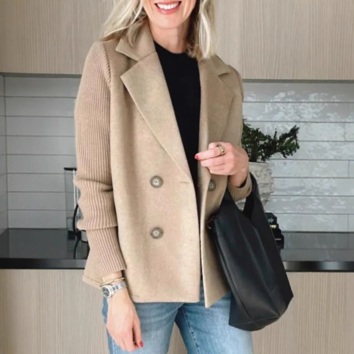 Manteau pour femme à manches tricotées, patchwork, double boutonnage, col rabattu, coupe ample, style veste de costume, style professionnel formel, manteau pull