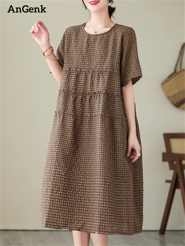 Nouvelle Robe Mi-Longue Décontractée et Confortable à Manches Courtes à Carreaux Vintage pour Femme – Collection Été 2026 – Vêtement Élégant