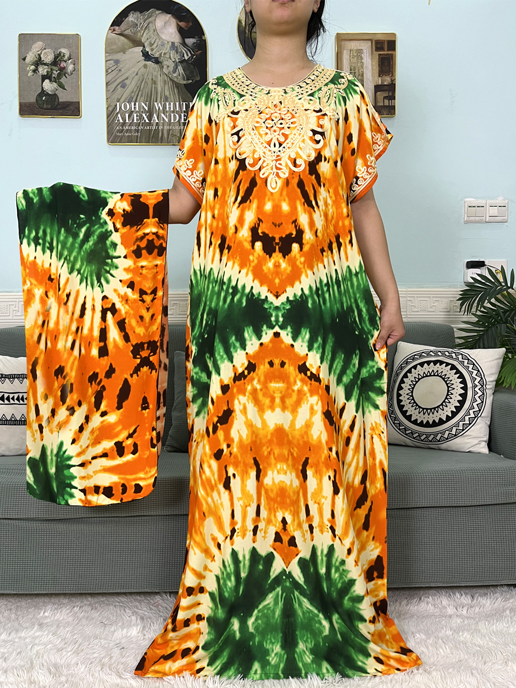 Abayas en coton musulman pour femmes, avec des Appliques imprimées, Caftan Marocain, Boubou, robes islamiques africaines avec foulard, 2024