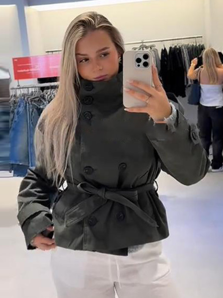 Veste décontractée à col montant pour femme, avec ceinture, élégante, à manches longues, simple boutonnage, vêtements d'extérieur, nouvelle collection automne 2025