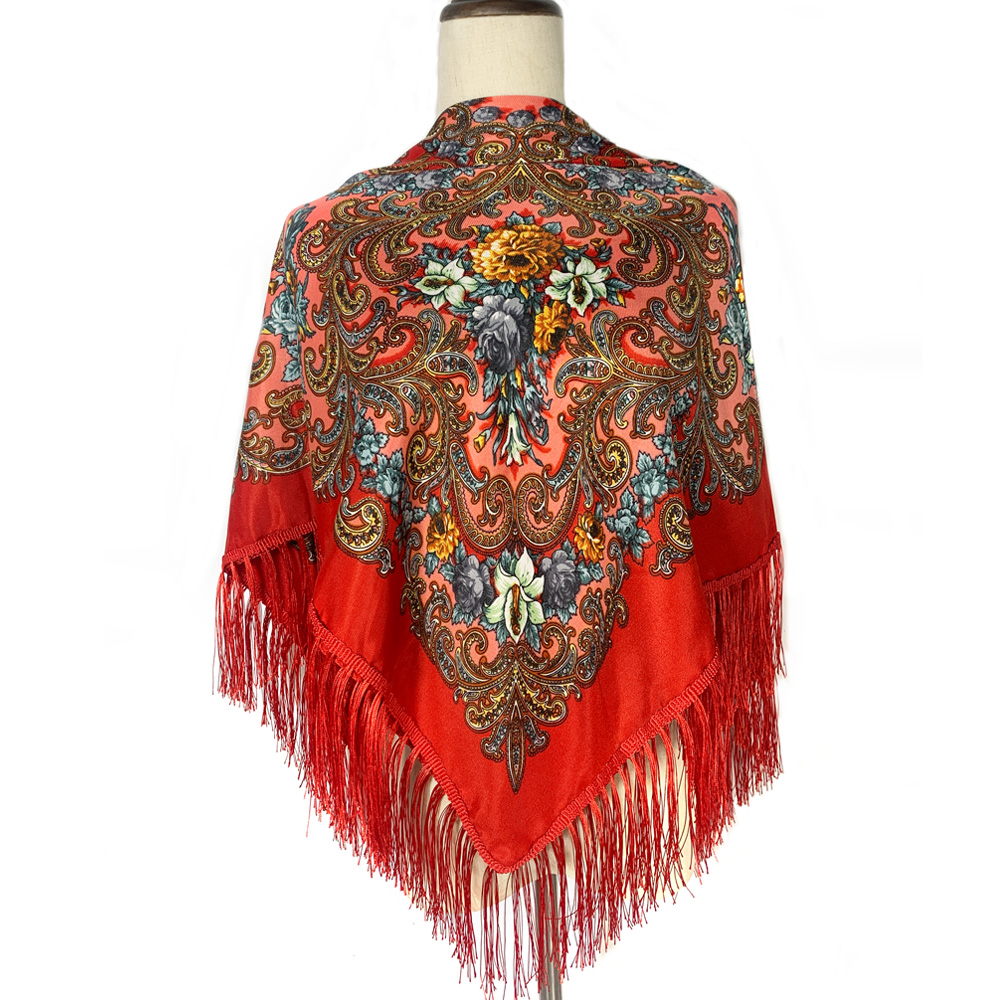 Foulard Carré Russe Imprimé Floral pour Femme, 90x90cm, Bandana, 21ème Châle à Franges, Ethnique, Voyage, Pare-Soleil, Châles de Plage