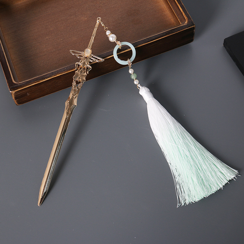 Épingle à cheveux épée avec pompon enroulé, Style ancien Hanfu, cravate pour cheveux secouant la tête, couvre-chef Simple de Style ancien