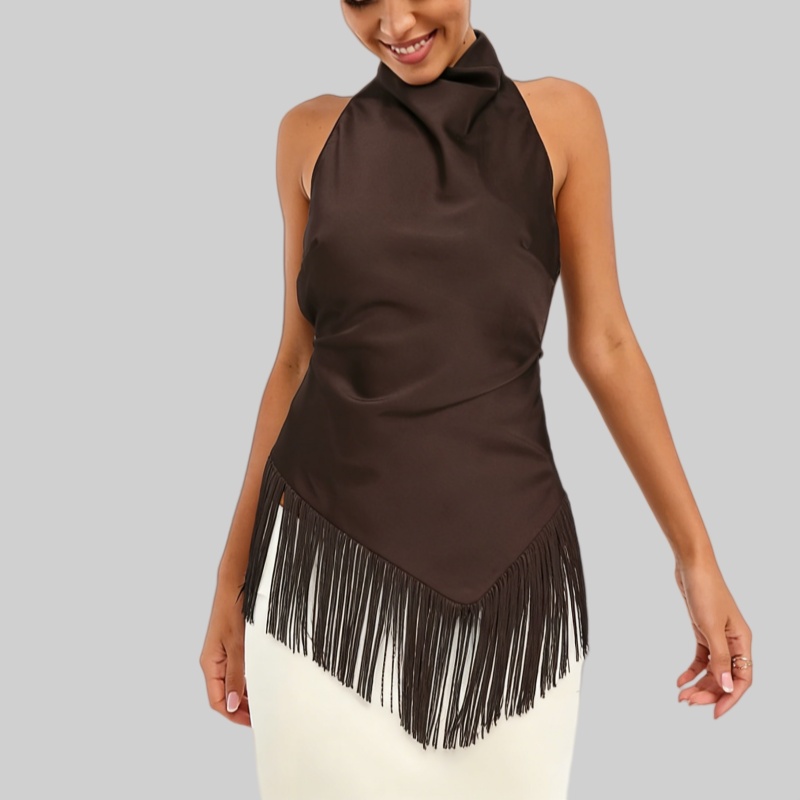 Débardeur Femme Chic à Franges Couleur Unie Col Halter Coupe Ajustée Sans Manches pour Vacances et Streetwear