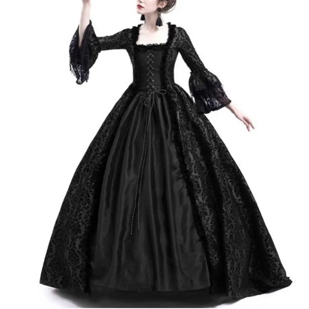 Robe longue vintage médiévale gothique pour femme, col carré, manches évasées, patchwork de dentelle, robe moulante
