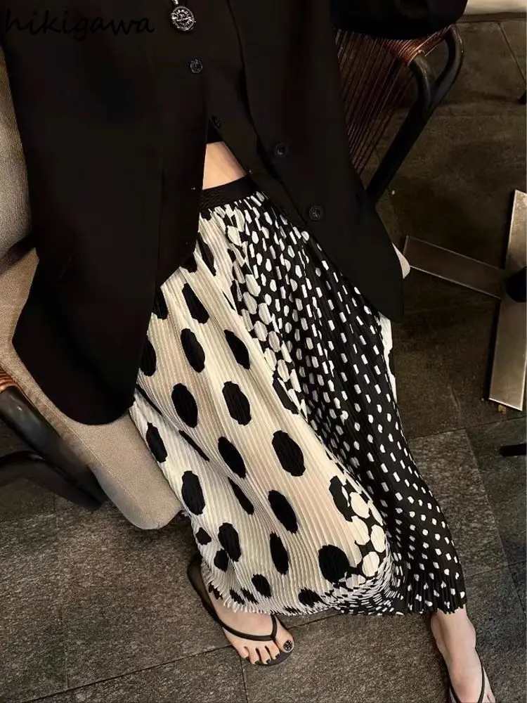 Jupes d'été pour femmes 2025 Faldas Mujer De Moda taille haute a-ligne Vintage à pois Jupe ample plissée Jupe coréenne longue Saia