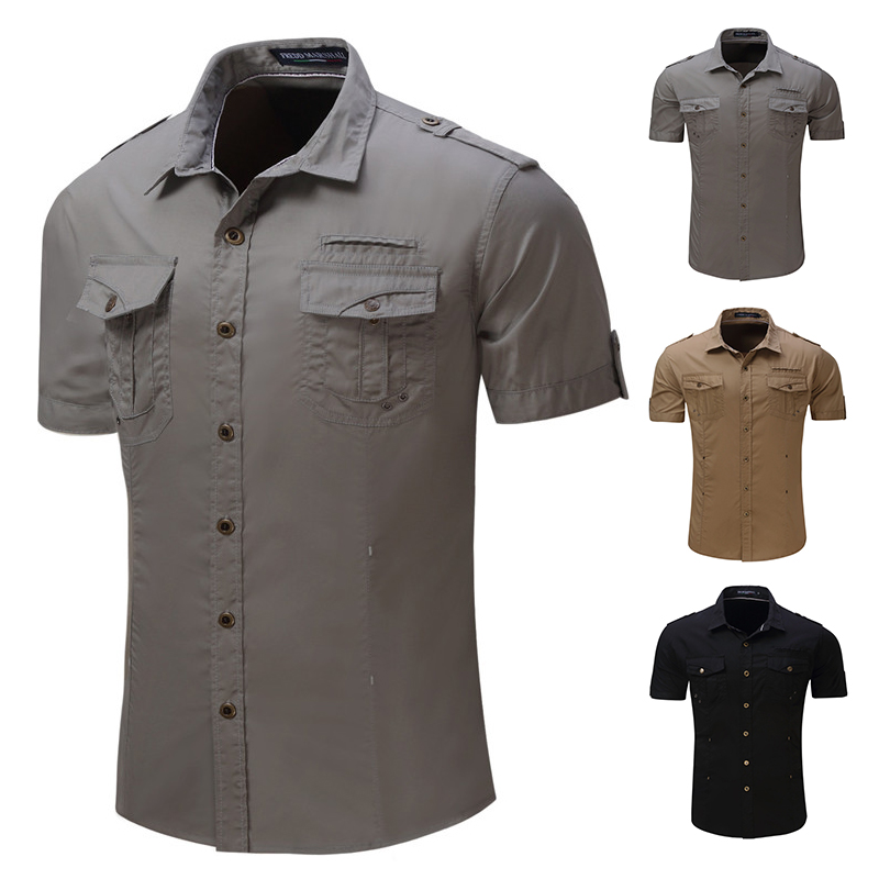 Chemise pour hommes 2023 Nouveaux Hommes Cargo Chemise Mode Chemise Décontractée Style D'été 100% Coton Solide Hommes Chemise Décontractée Plus La Taille S-3X