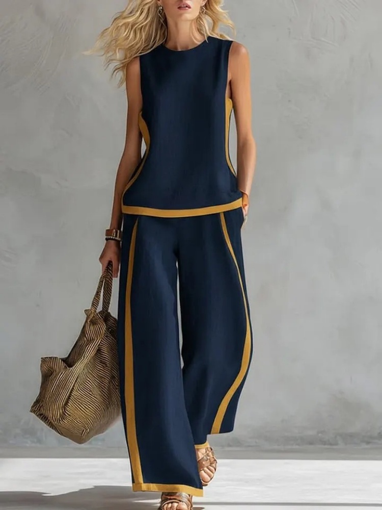 Ensemble deux pièces sans manches pour femme, pantalon large contrastant, col rond ample, poches, tenue de sport assortie pour le streetwear