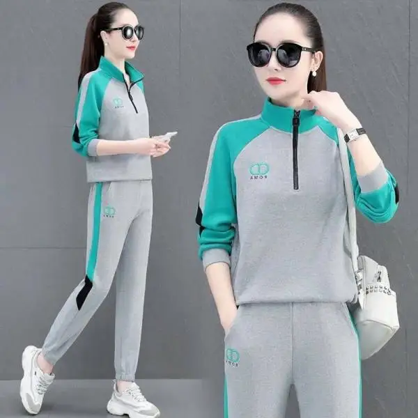 Ensemble de vêtements de sport pour femmes, coupe ample décontractée, col montant, tenue de course, deux pièces, style bicolore, printemps automne, nouvelle mode