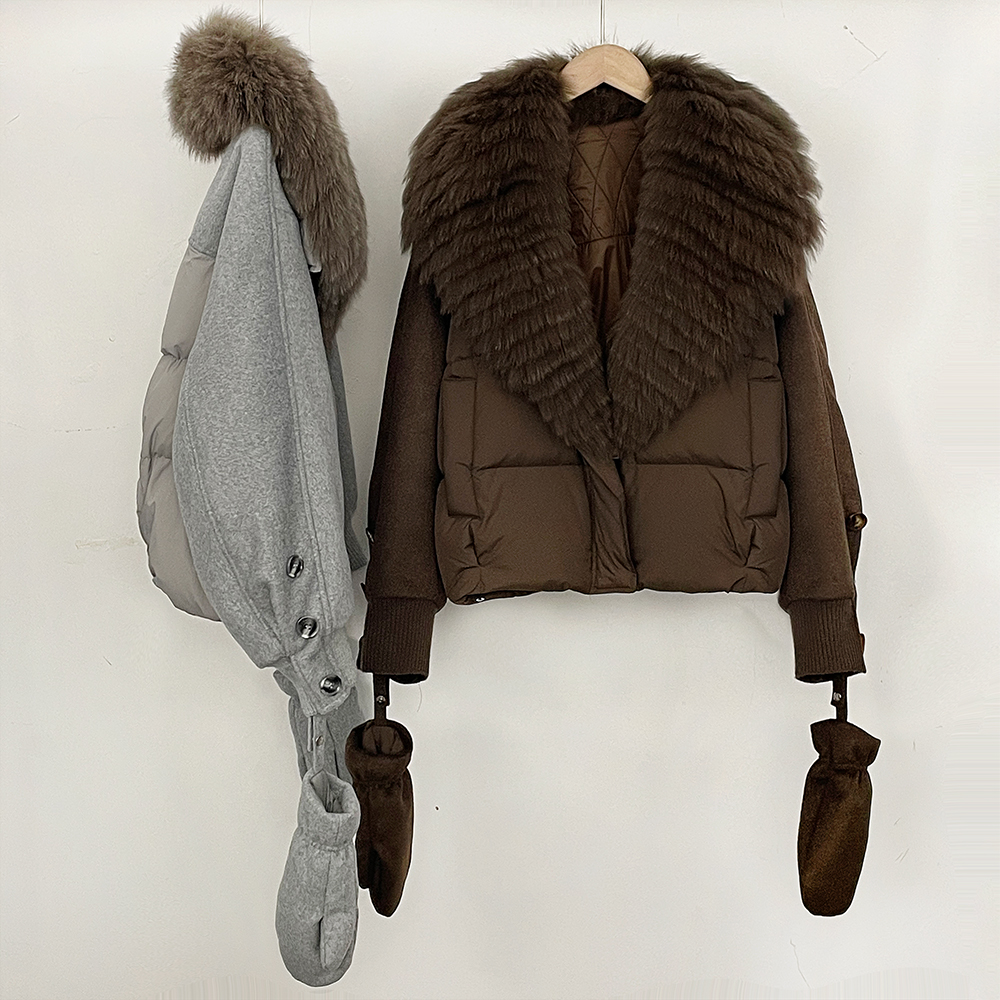 Doudoune d'hiver pour femme, chaude et épaisse, en duvet de canard, avec doublure rembourrée, coutures contrastées et col en fourrure véritable
