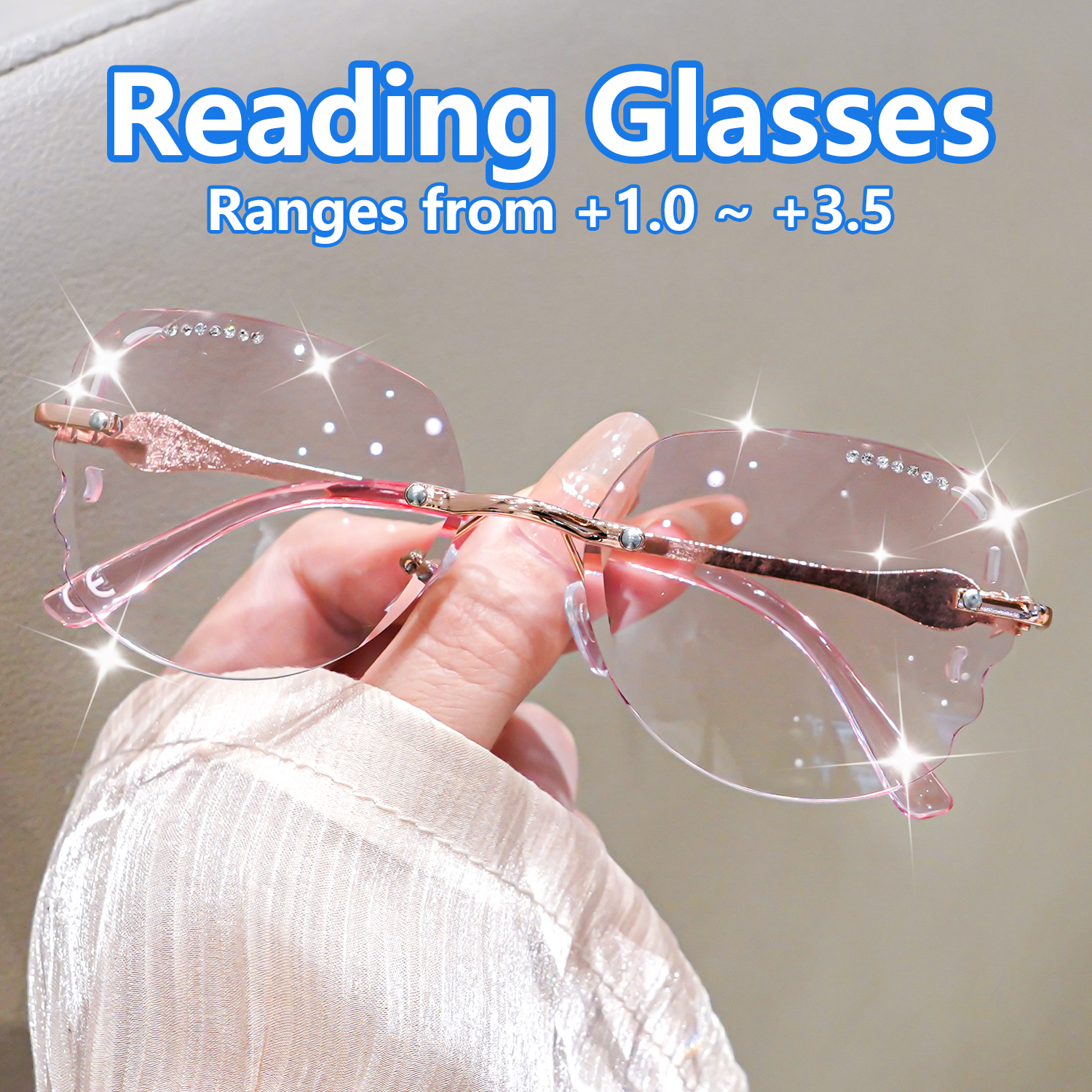 Lunettes de lecture sans monture pour femmes, avec strass scintillants, lunettes élégantes et tendance, monture légère, lunettes raffinées.