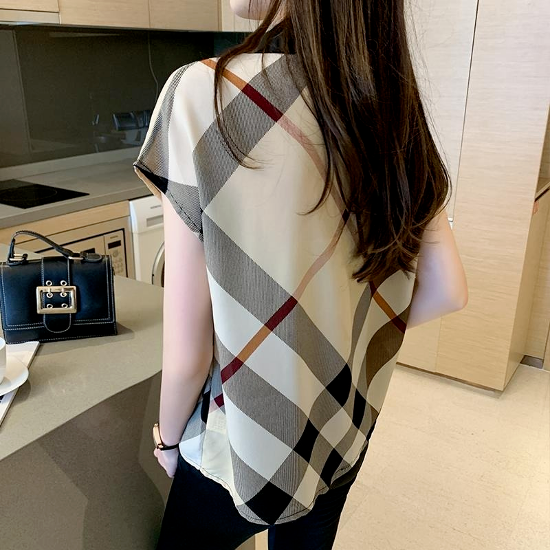 Chemise boutonnée en mousseline de soie à manches courtes pour femmes, chemisiers bon marché, vêtements de bureau décontractés, plaid coréen, jeunes femmes, tendances, haut chaud