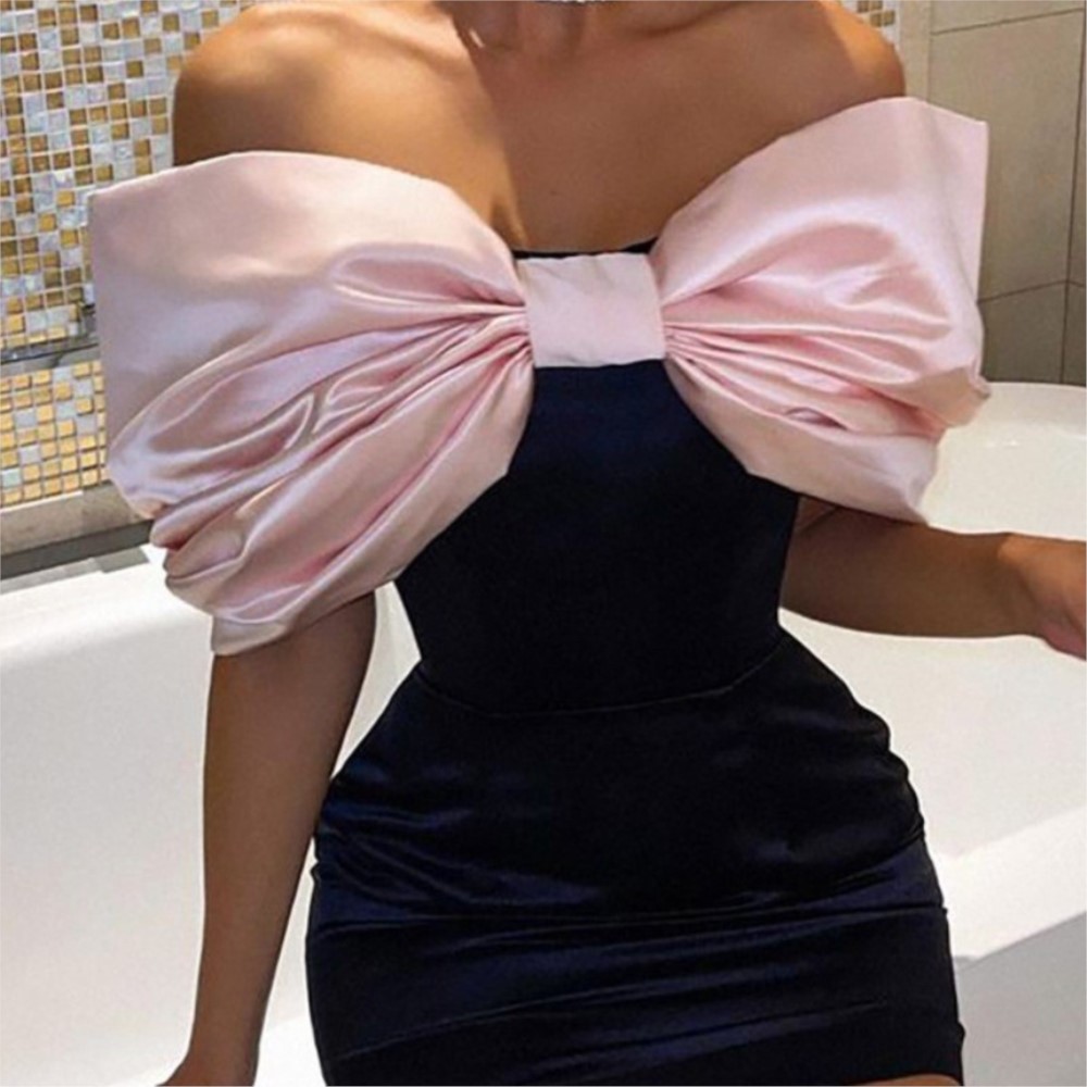 Robe fraîche et douce pour femme, avec nœud papillon, poitrine de porcelet, épaules dénudées, contrastée, moulante, mode Banquet, tempérament, 2025