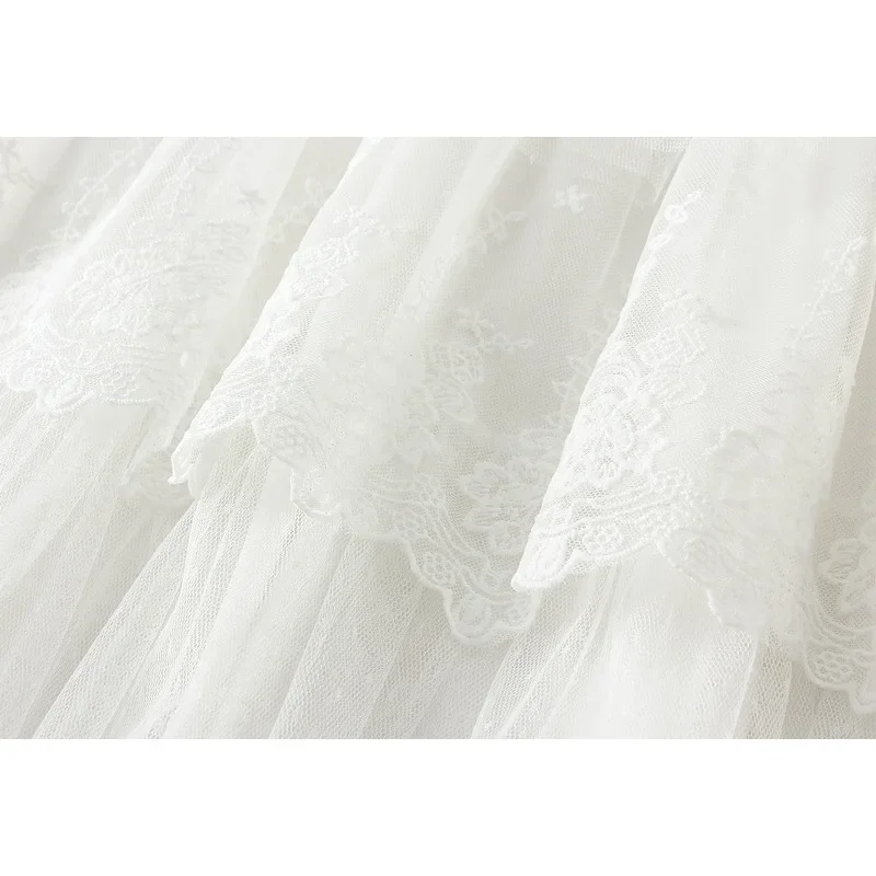 Élégante jupe longue en mousseline patchwork de dentelle, nouvelle jupe plissée taille haute en maille superposée, ligne A romantique à pois pour l'été 0208